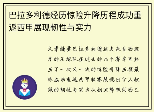 巴拉多利德经历惊险升降历程成功重返西甲展现韧性与实力