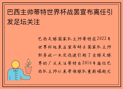 巴西主帅蒂特世界杯战罢宣布离任引发足坛关注 巴西主帅蒂特世界杯战罢宣布离任引发足坛关注