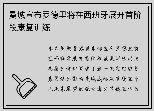曼城宣布罗德里将在西班牙展开首阶段康复训练